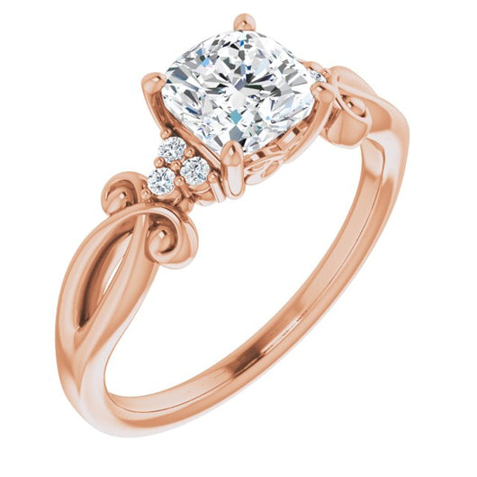 10K Rose Gold Customizable 7-stone Cushion Cut Design with Tri-Cluster Accents and Teardrop Fleur-de-lis Motif