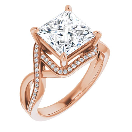 10K Rose Gold Customizable Bypass-Halo-Accented Princess/Square Cut Center with Twisting Split Shared Prong Band