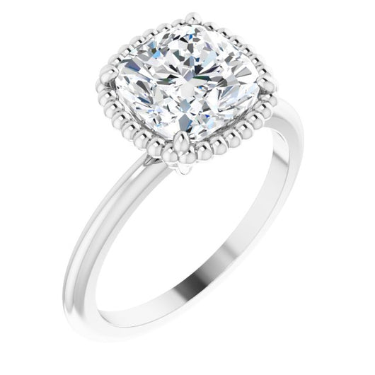 10K White Gold Customizable Cushion Cut Solitaire with Beaded Metallic Milgrain