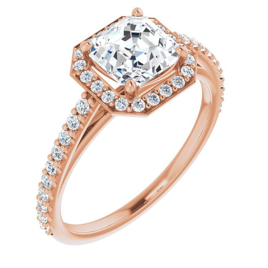 10K Rose Gold Customizable Asscher Cut Design with Halo and Thin Pavé Band