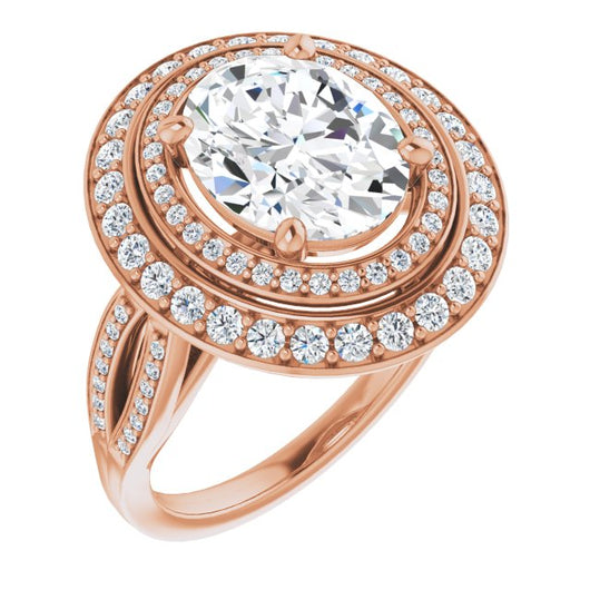 10K Rose Gold Customizable Cathedral-style Oval Cut Design with Double Halo & Split-Pavé Band