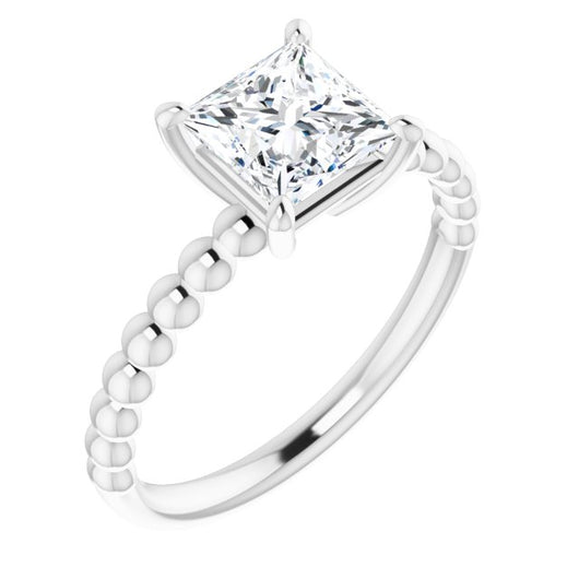 10K White Gold Customizable [[Cut] Cut Solitaire with Thin Beaded-Bubble Band