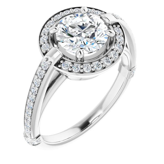 10K White Gold Customizable High-Cathedral Round Cut Design with Halo and Shared Prong Band