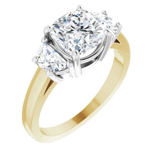 14K Yellow & White Gold Customizable 3-stone Design with Cushion Cut Center and Half-moon Side Stones