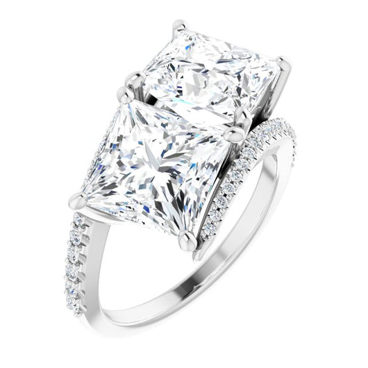 10K White Gold Customizable Double Princess/Square Cut 2-stone Design with Ultra-thin Bypass Band and Pavé Enhancement