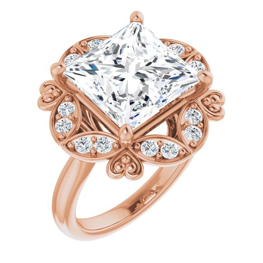 10K Rose Gold Customizable Princess/Square Cut Design with Floral Segmented Halo & Sculptural Basket