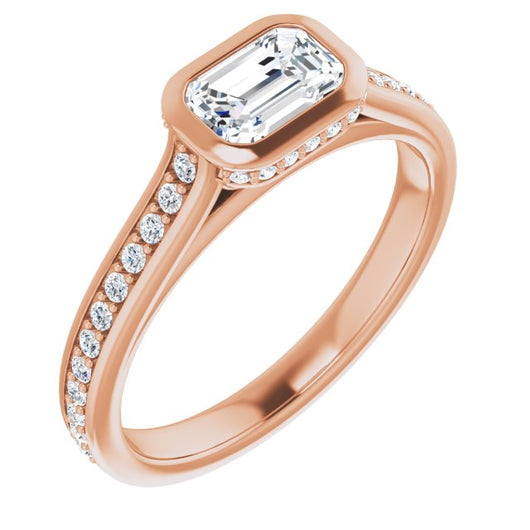 10K Rose Gold Customizable Cathedral-Bezel Emerald/Radiant Cut Design with Under Halo and Shared Prong Band