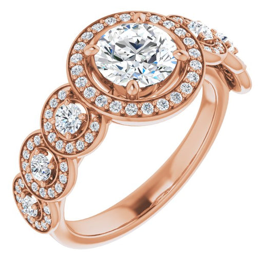 10K Rose Gold Customizable Cathedral-set Round Cut 7-stone style Enhanced with 7 Halos