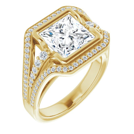 10K Yellow Gold Customizable Cathedral-Bezel Princess/Square Cut Design with Wide Triple-Split-Pavé Band