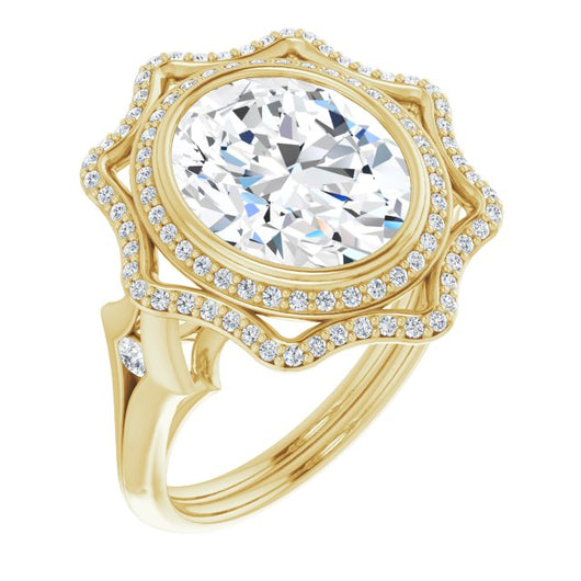 10K Yellow Gold Customizable Cathedral-bezel Oval Cut Design with Floral Double Halo and Channel-Accented Split Band