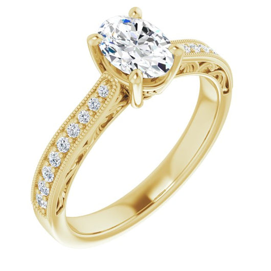 10K Yellow Gold Customizable Oval Cut Design with Round Band Accents and Three-sided Filigree Engraving