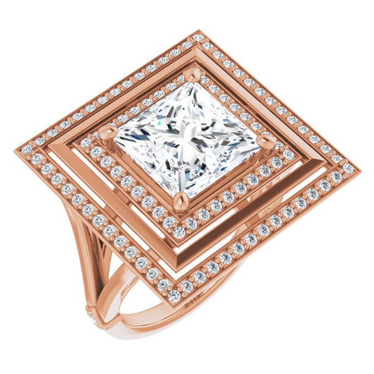 10K Rose Gold Customizable Princess/Square Cut Oversized 2x Halo Style with Knuckle Accented Split Band