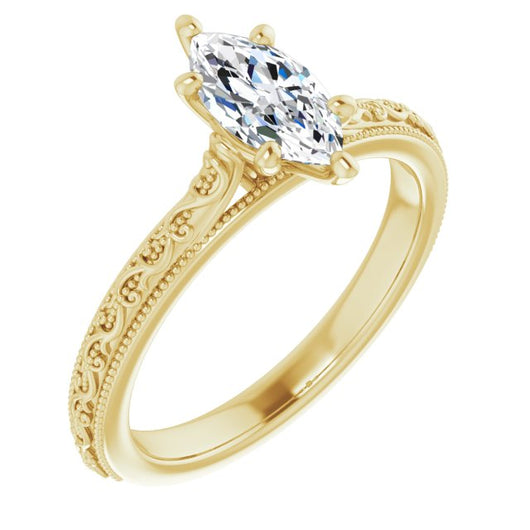 10K Yellow Gold Customizable Marquise Cut Solitaire with Delicate Milgrain Filigree Band