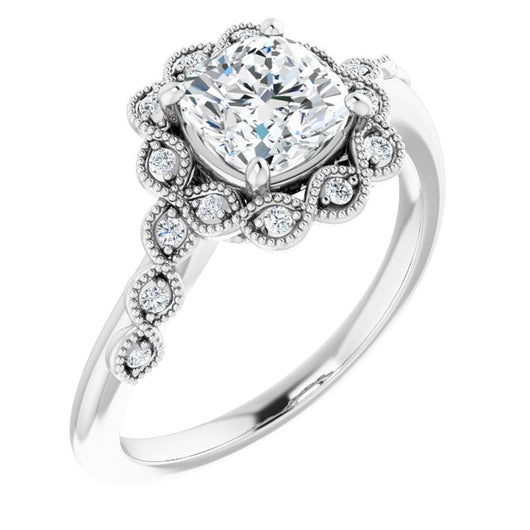 10K White Gold Customizable 3-stone Design with Cushion Cut Center and Halo Enhancement