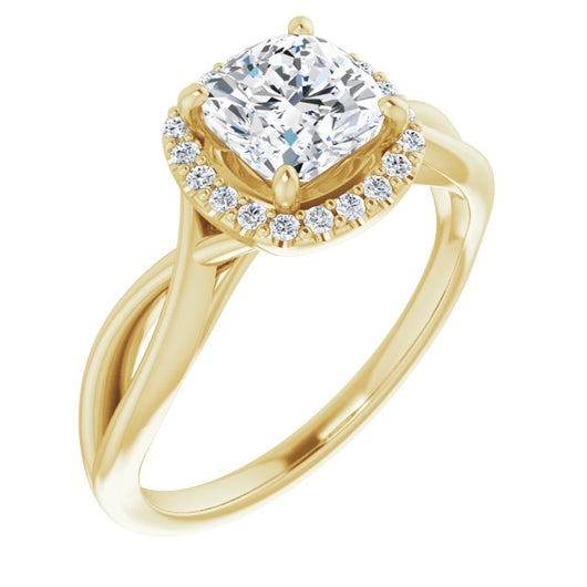 10K Yellow Gold Customizable Cathedral-Halo Cushion Cut Design with Twisting Split Band