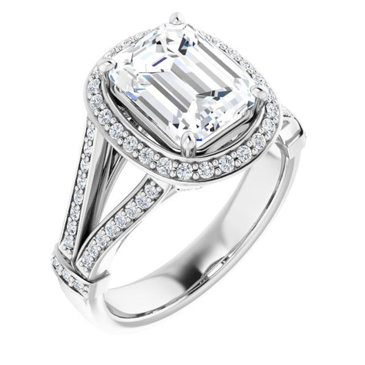 10K White Gold Customizable Emerald/Radiant Cut Setting with Halo, Under-Halo Trellis Accents and Accented Split Band