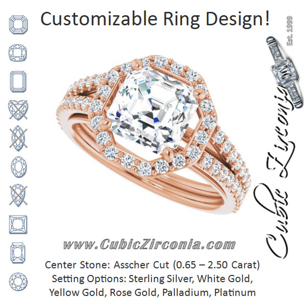 Cubic Zirconia Engagement Ring- The Danieela (Customizable Cathedral Asscher Cut Design with Geometric Halo & Split Pavé Band)