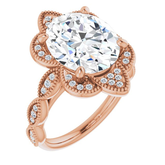 10K Rose Gold Customizable Cathedral-style Oval Cut Design with Floral Segmented Halo & Milgrain+Accents Band