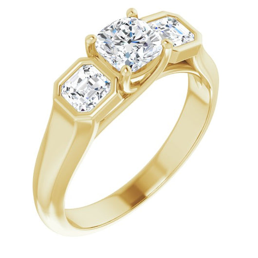 10K Yellow Gold Customizable 3-stone Cathedral Cushion Cut Design with Twin Asscher Cut Side Stones