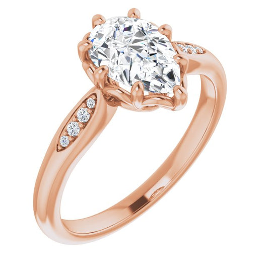 10K Rose Gold Customizable 9-stone Pear Cut Design with 8-prong Decorative Basket & Round Cut Side Stones