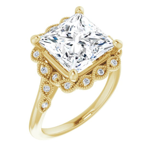 10K Yellow Gold Customizable 3-stone Design with Princess/Square Cut Center and Halo Enhancement