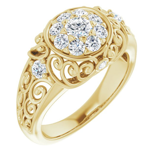 10K Yellow Gold Customizable Round Cut Halo Style with Round Prong Side Stones and Intricate Metalwork