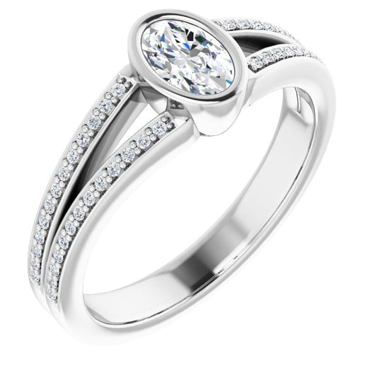 10K White Gold Customizable Bezel-set Oval Cut Design with Split Shared Prong Band