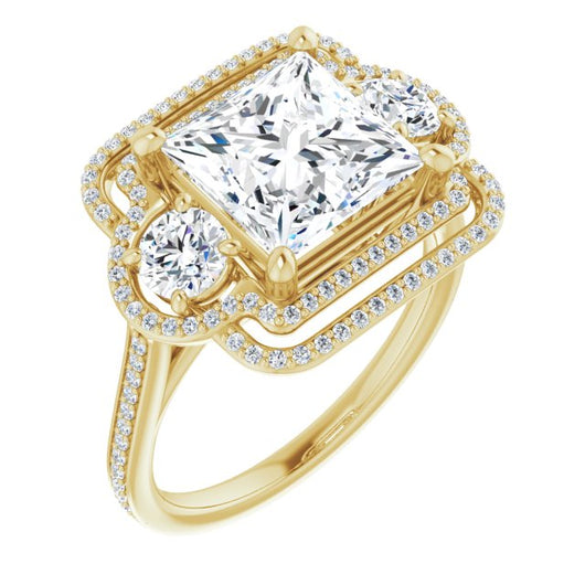 10K Yellow Gold Customizable Enhanced 3-stone Double-Halo Style with Princess/Square Cut Center and Thin Band