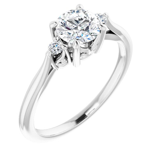 10K White Gold Customizable Three-stone Round Cut Design with Small Round Accents and Vintage Trellis/Basket