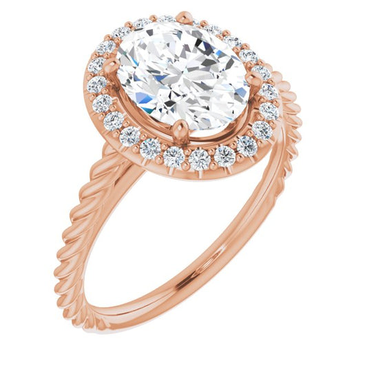 10K Rose Gold Customizable Cathedral-set Oval Cut Design with Halo and Twisty Rope Band