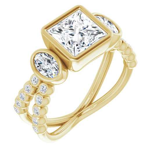 10K Yellow Gold Customizable Bezel-set Princess/Square Cut Design with Dual Bezel-Oval Accents and Round-Bezel Accented Split Band