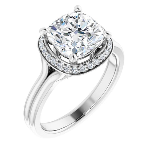 10K White Gold Customizable Cathedral-set Cushion Cut Design with Split-band & Halo Accents