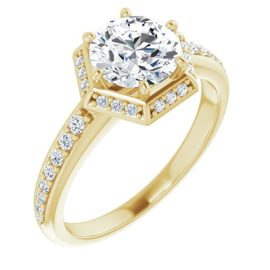 10K Yellow Gold Customizable Round Cut Design with Geometric Under-Halo and Shared Prong Band