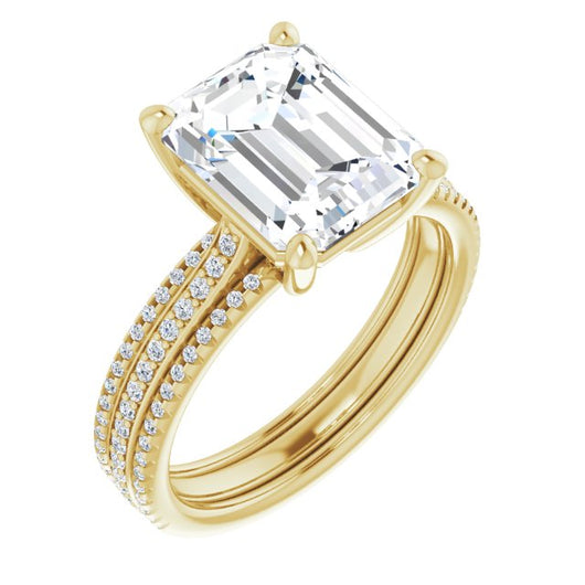 10K Yellow Gold Customizable Emerald/Radiant Cut Center with Wide Pavé Accented Band