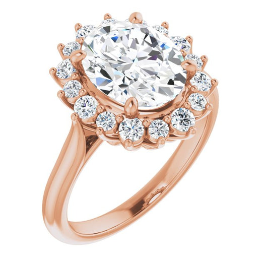 10K Rose Gold Customizable Crown-Cathedral Oval Cut Design with Clustered Large-Accent Halo & Ultra-thin Band