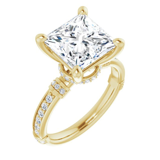 10K Yellow Gold Customizable Princess/Square Cut Style featuring Under-Halo, Shared Prong and Quad Horizontal Band Accents