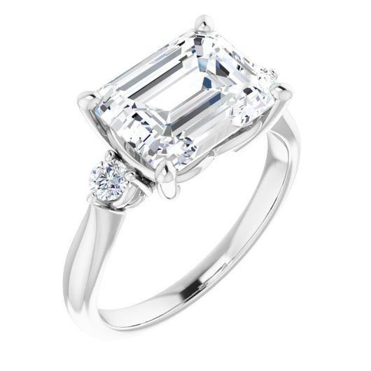 10K White Gold Customizable 3-stone Emerald/Radiant Cut Design with Twin Petite Round Accents