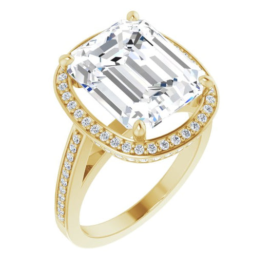 10K Yellow Gold Customizable Cathedral-set Emerald/Radiant Cut Design with Halo, Thin Pavé Band & Round-Bezel Peekaboos