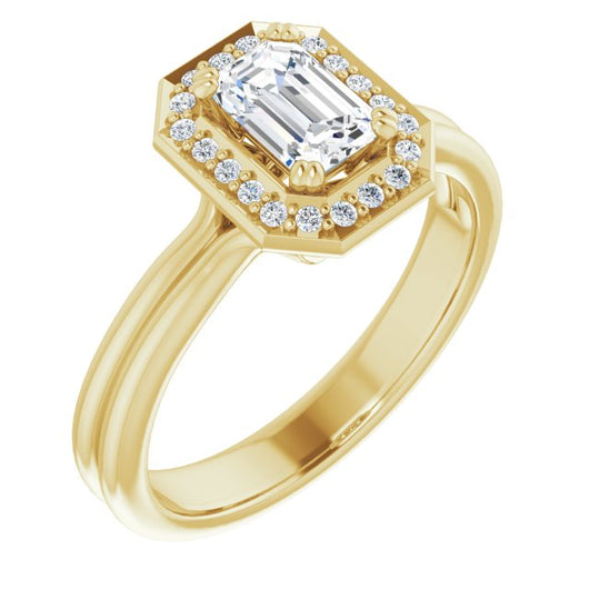 10K Yellow Gold Customizable Emerald/Radiant Cut Style with Scooped Halo and Grooved Band