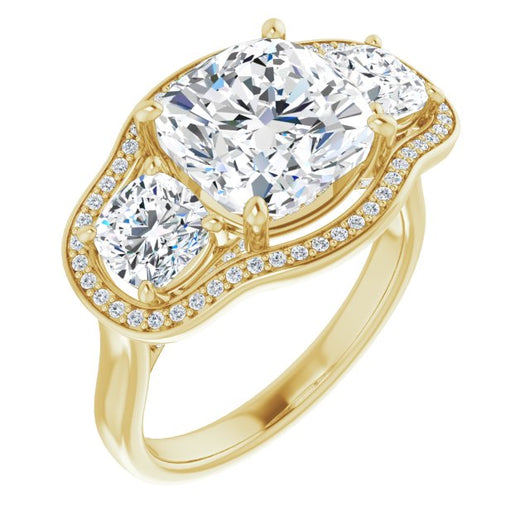 10K Yellow Gold Customizable 3-stone Design with Cushion Cut Center, Cushion Side Stones, Triple Halo and Bridge Under-halo