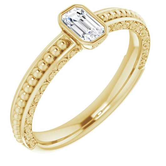 10K Yellow Gold Customizable Bezel-set Emerald/Radiant Cut Solitaire with Beaded and Carved Three-sided Band