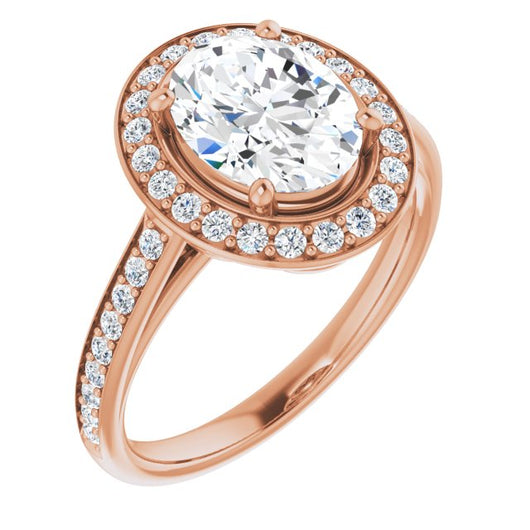 10K Rose Gold Customizable Cathedral-raised Oval Cut Halo-and-Accented Band Design