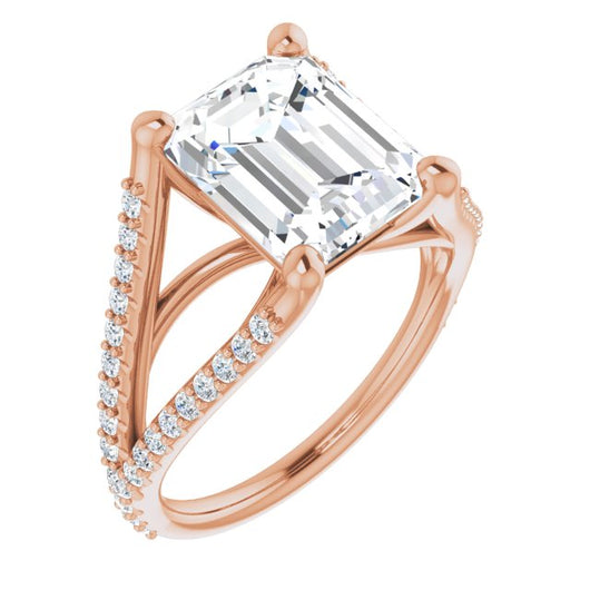 10K Rose Gold Customizable Cathedral-raised Emerald/Radiant Cut Center with Exquisite Accented Split-band