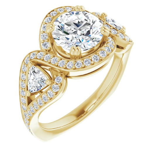 10K Yellow Gold Customizable Round Cut Center with Twin Trillion Accents, Twisting Shared Prong Split Band, and Halo