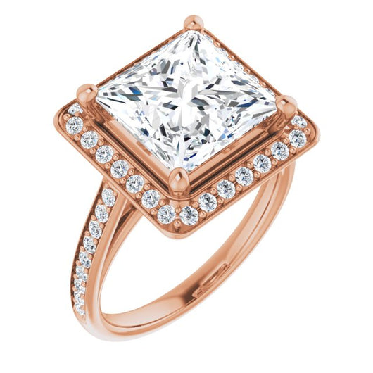 10K Rose Gold Customizable Cathedral-raised Princess/Square Cut Halo-and-Accented Band Design