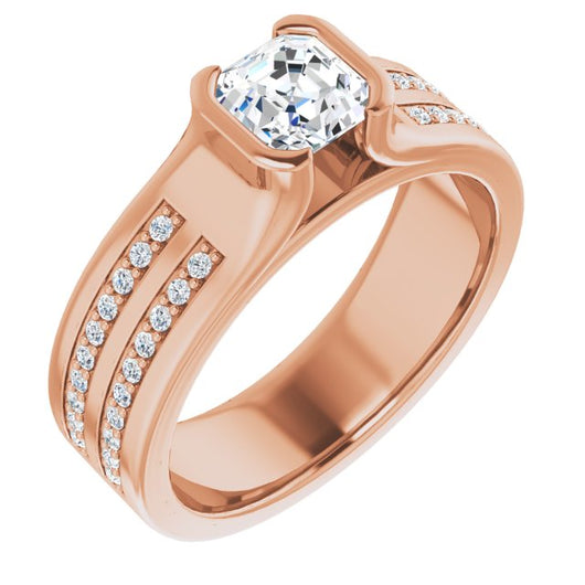 10K Rose Gold Customizable Bezel-set Asscher Cut Design with Thick Band featuring Double-Row Shared Prong Accents