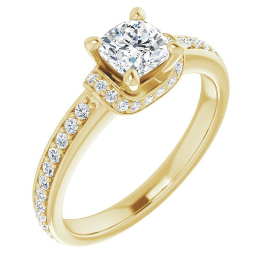 10K Yellow Gold Customizable Cushion Cut Setting with Organic Under-halo & Shared Prong Band