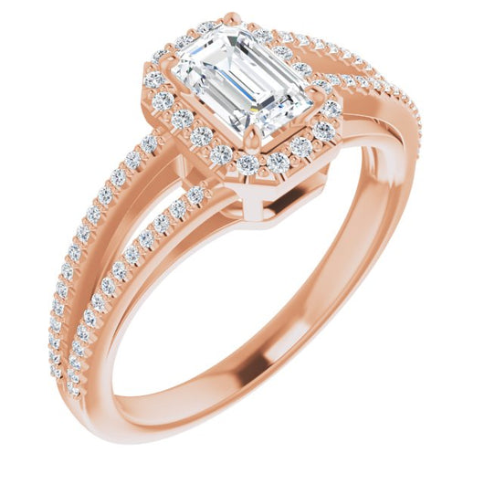 10K Rose Gold Customizable Emerald/Radiant Cut Vintage Design with Halo Style and Asymmetrical Split-Pavé Band