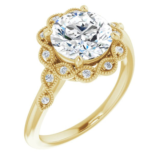 14K Yellow Gold Customizable 3-stone Design with Round Cut Center and Halo Enhancement