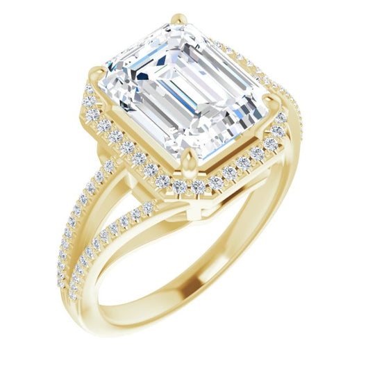 10K Yellow Gold Customizable Emerald/Radiant Cut Vintage Design with Halo Style and Asymmetrical Split-Pavé Band